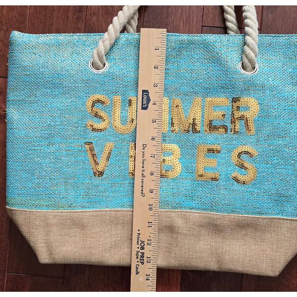 Beach Bag Summer Vibes Metallic Turquois Canvas Tote Sequin Vacation - Picture 6 of 7